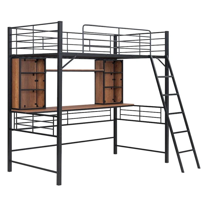 Lit mezzanine simple avec bureau et étagère, lit mezzanine avec échelle, simple, noir