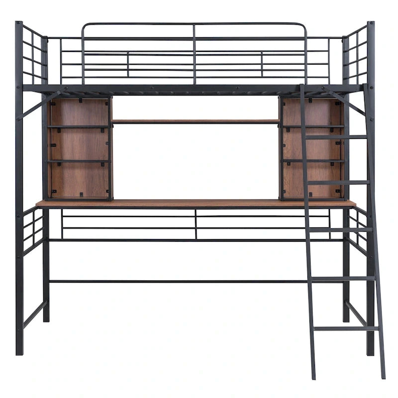 Lit mezzanine simple avec bureau et étagère, lit mezzanine avec échelle, simple, noir