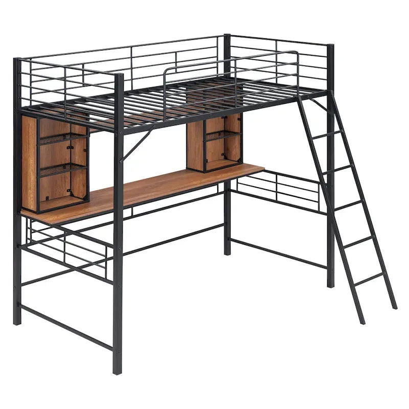 Lit mezzanine simple avec bureau et étagère, lit mezzanine avec échelle, simple, noir