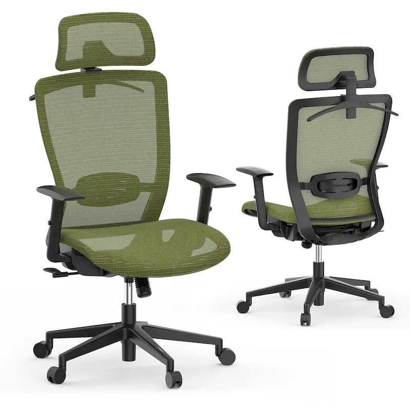 Chaise de bureau ergonomique pivotante à 360° en maille, réglable en hauteur, avec appuie-tête, support lombaire et accoudoirs réglables