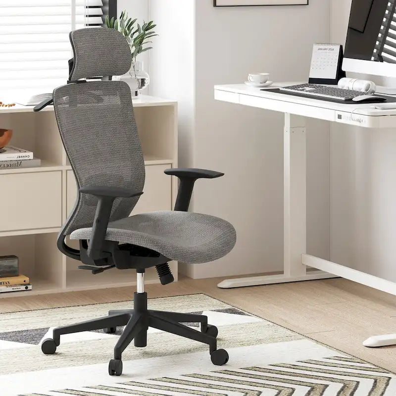 Chaise de bureau ergonomique pivotante à 360° en maille, réglable en hauteur, avec appuie-tête, support lombaire et accoudoirs réglables