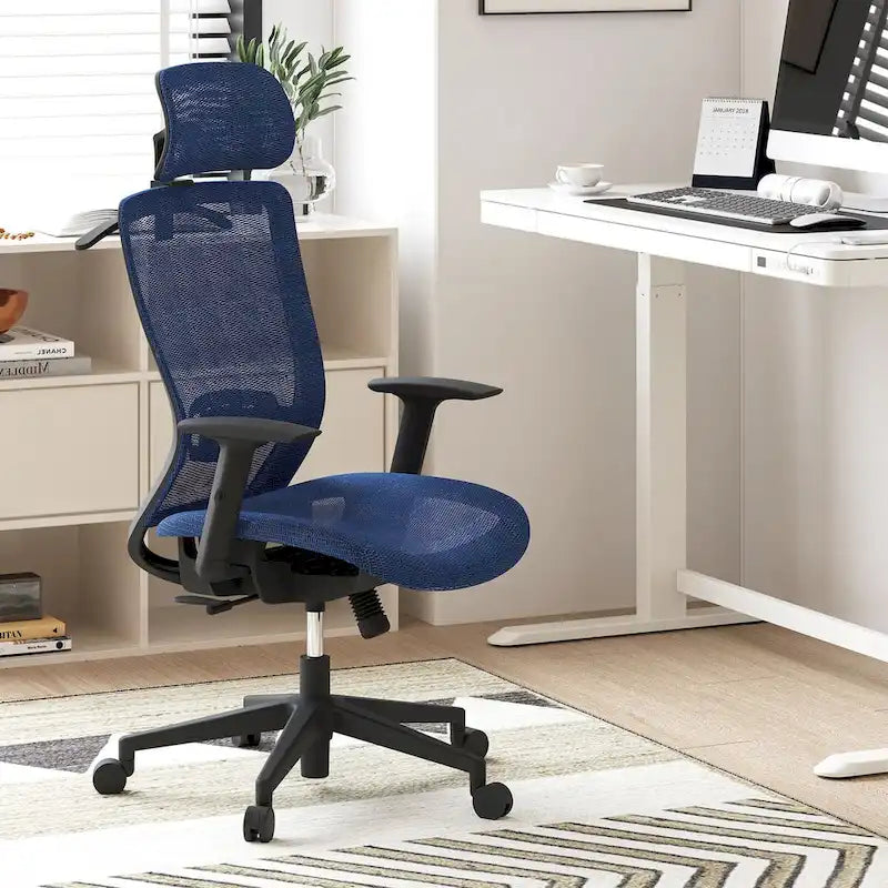 Chaise de bureau ergonomique pivotante à 360° en maille, réglable en hauteur, avec appuie-tête, support lombaire et accoudoirs réglables