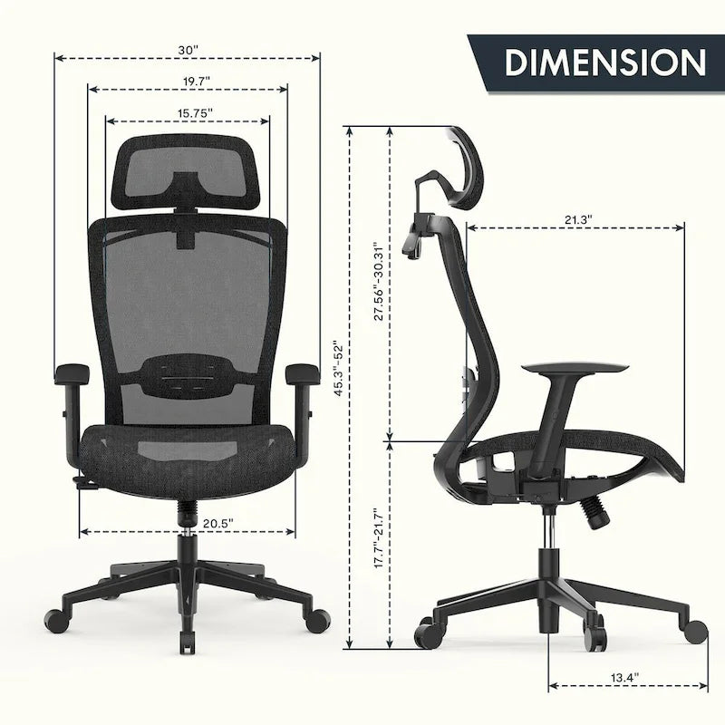 Chaise de bureau ergonomique pivotante à 360° en maille, réglable en hauteur, avec appuie-tête, support lombaire et accoudoirs réglables