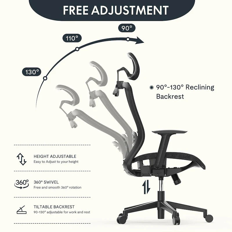 Chaise de bureau ergonomique pivotante à 360° en maille, réglable en hauteur, avec appuie-tête, support lombaire et accoudoirs réglables