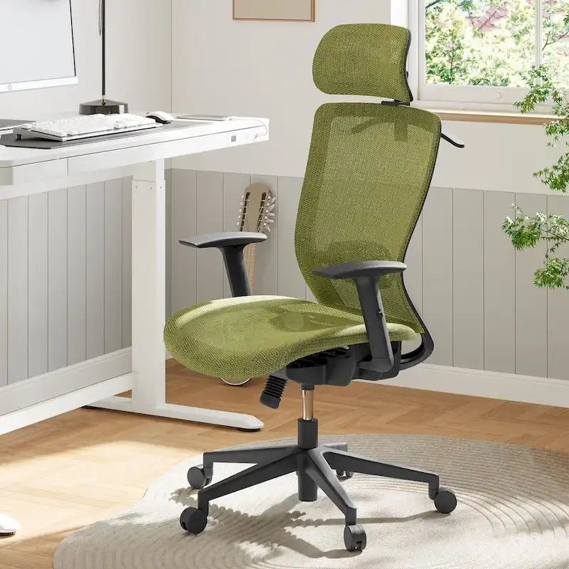 Chaise de bureau ergonomique pivotante à 360° en maille, réglable en hauteur, avec appuie-tête, support lombaire et accoudoirs réglables