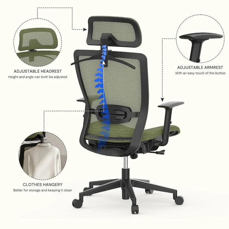 Chaise de bureau ergonomique pivotante à 360° en maille, réglable en hauteur, avec appuie-tête, support lombaire et accoudoirs réglables