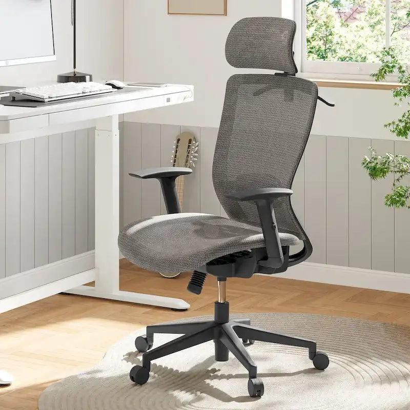 Chaise de bureau ergonomique pivotante à 360° en maille, réglable en hauteur, avec appuie-tête, support lombaire et accoudoirs réglables